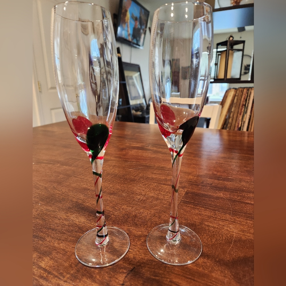 Set of 2 Pier 1 Swirl Stem Holiday Champagne Glass Flutes